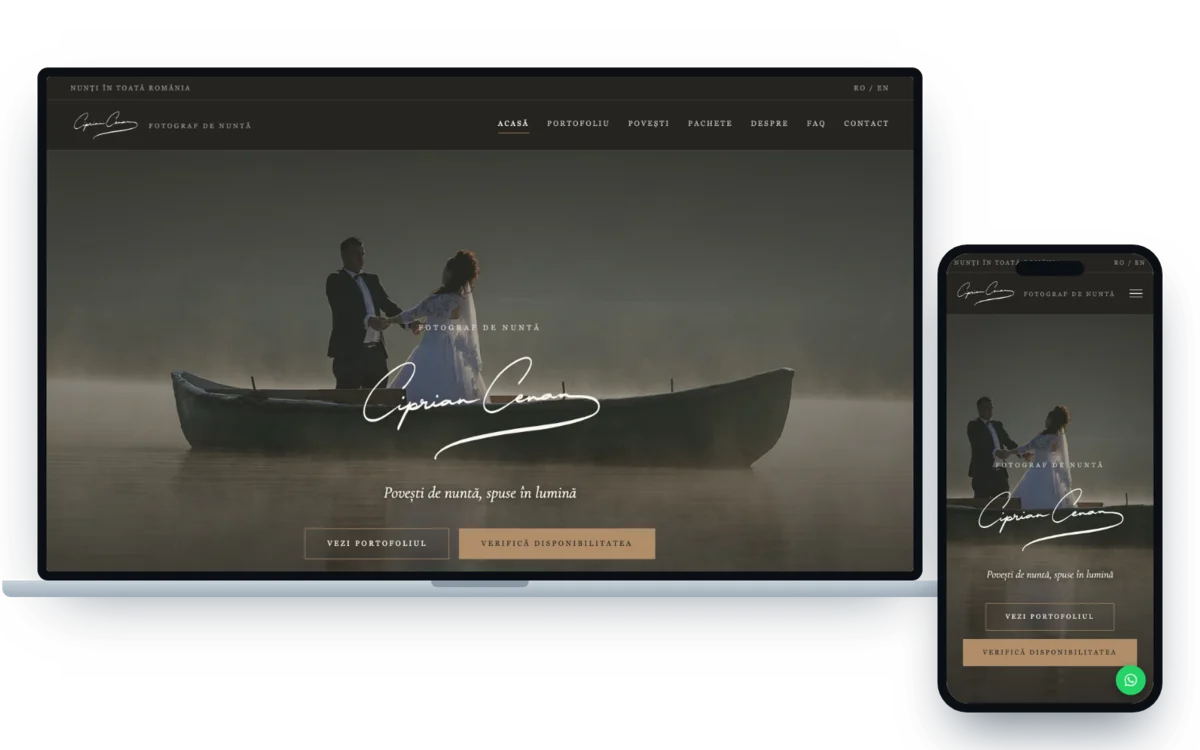 cipriancenan.ro on a laptop and a phone: a couple in a boat on a misty lake