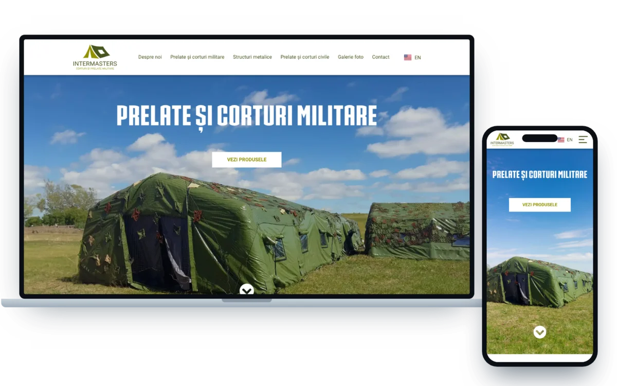intermasters.ro on a laptop and a phone: military tents and tarps