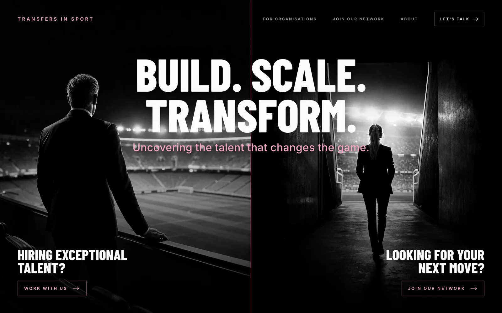The transfersinsport.com home page, on black: Build. Scale. Transform.